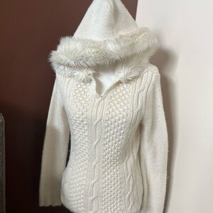 Moda International Cream Hooded Sweater with Faux Fur